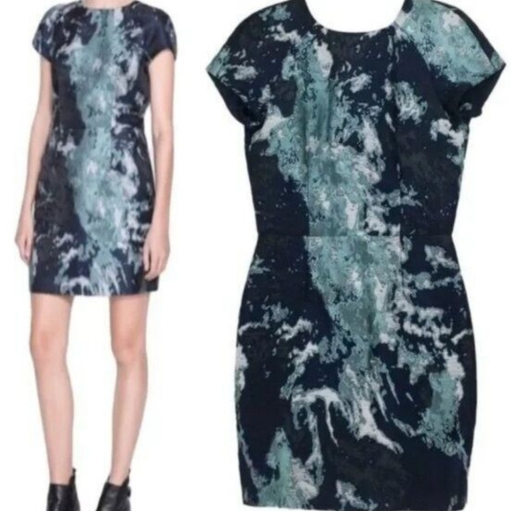Zara Basic Collection Jacquard  Dress Size Small Blue Navy Marble Mini Metallic